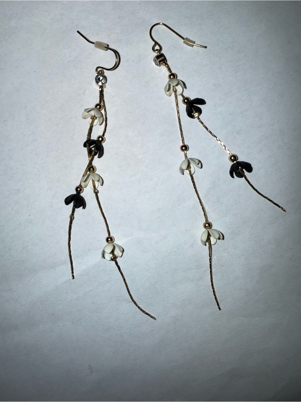 Delicate Floral Drop Earrings - White & Black Petals